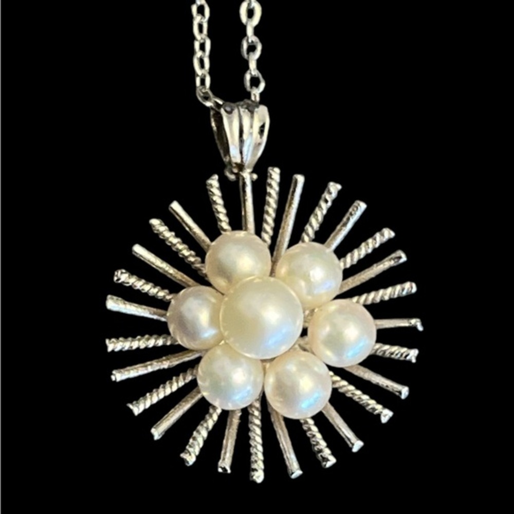 Vintage Natural Pearl Cluster Silver Sunburst Necklace